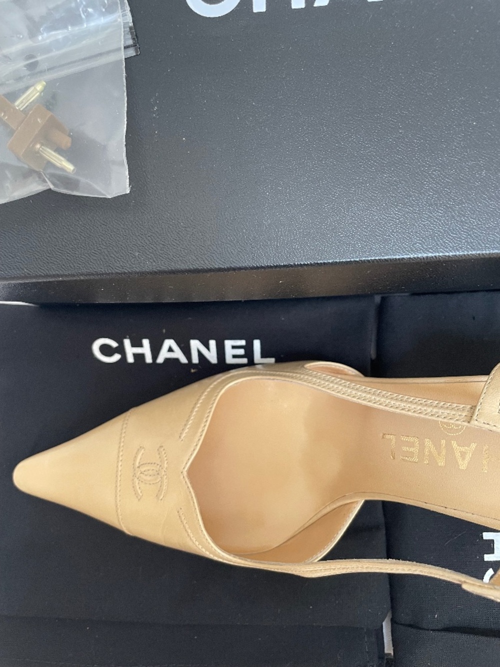 Chanel Beige Sling Back Leather Cap Toe Shoe